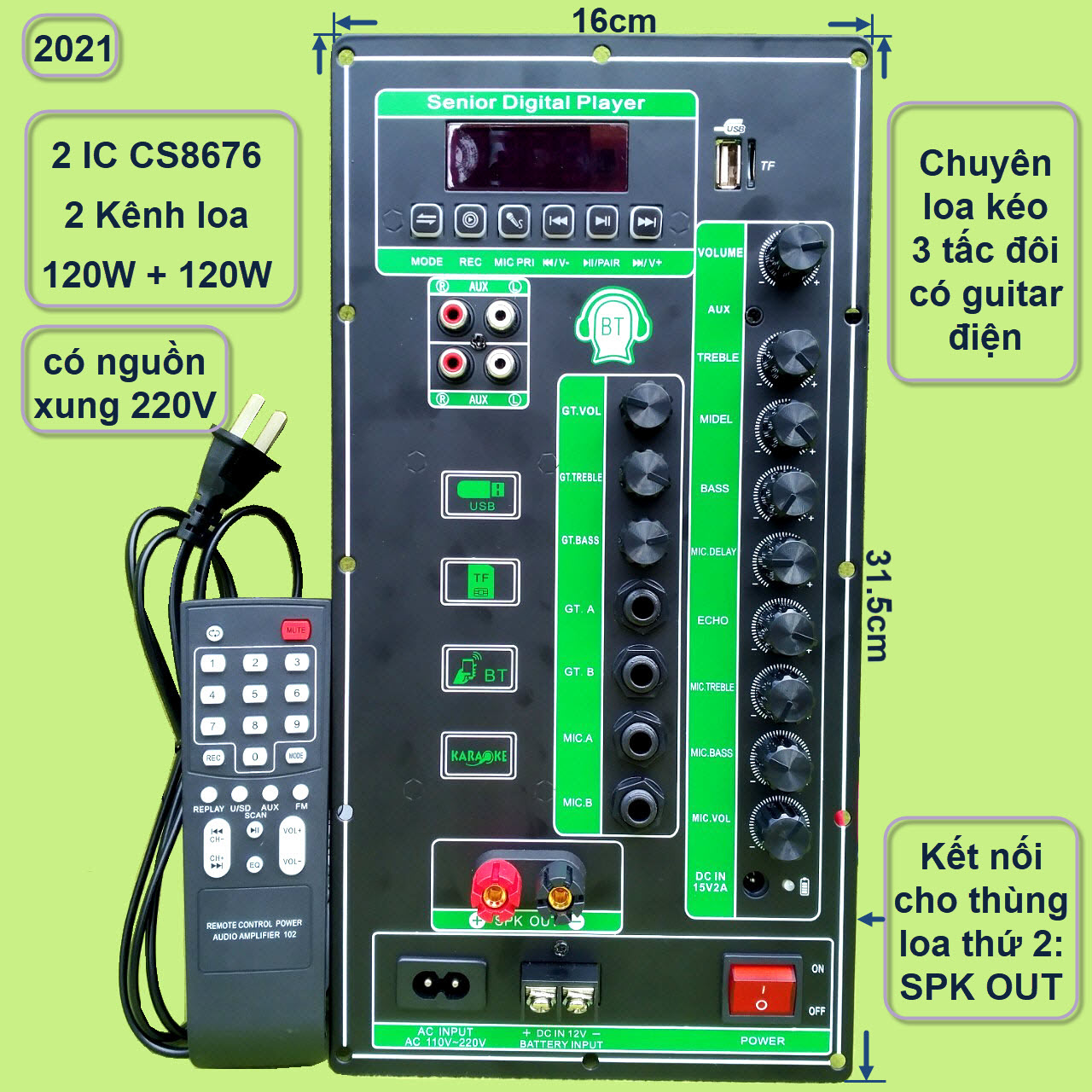 [HCM]Mạch loa kéo 2 kênh 3 tấc đôi có Guitar điện 2 IC CS8676 120W + 120W có nguồn xung 220V