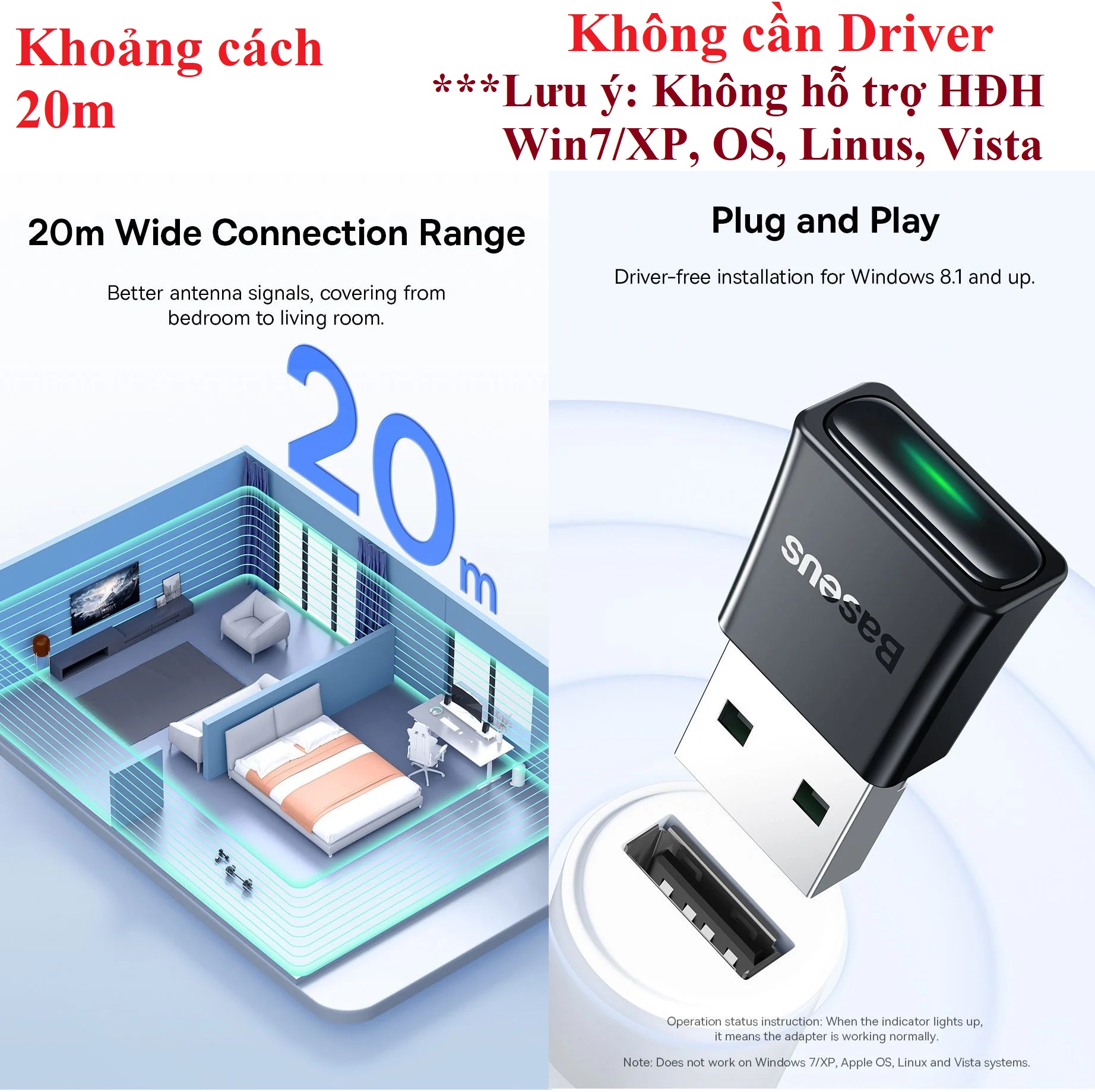 Adapter tạo Bluetooth cho máy tính / usb bluetooth V5.3 Baseus BA07