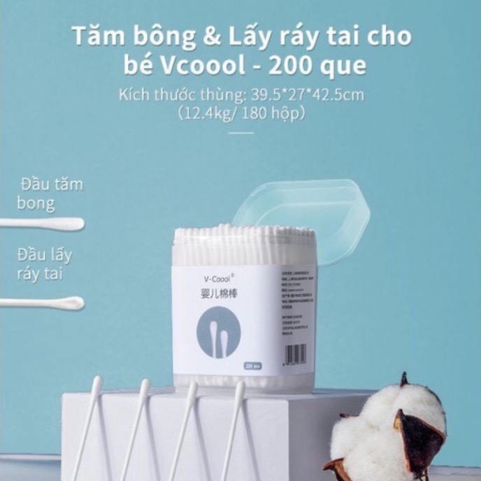 Tăm bông cho bé sơ sinh V-Coool, hộp 200 que
