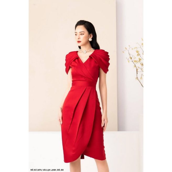 Đầm dự tiệc lai chéo tay xếp ly sang trọng