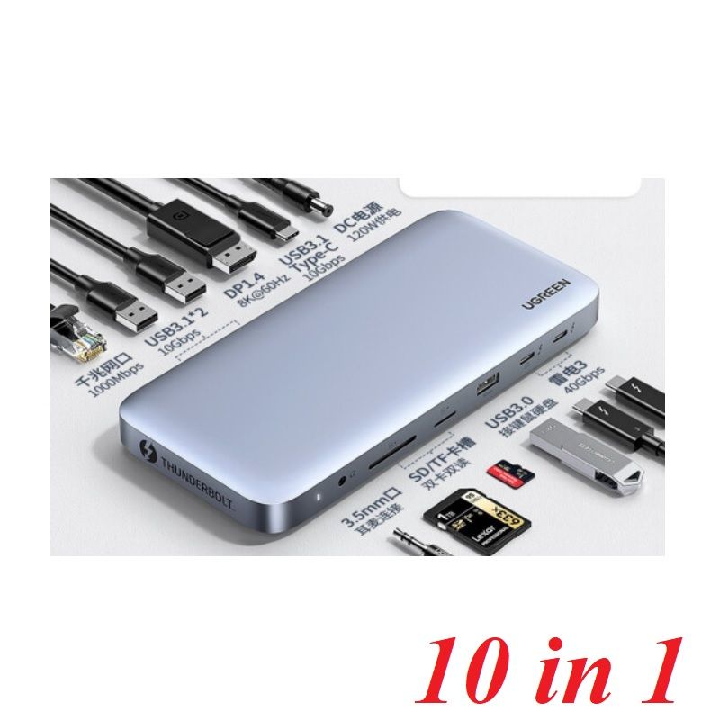 Ugreen 80547 8k 60hz + 2 cổng thunderbolt 3 + displayport + 3.5mm + 2 * usb a 3.1 + usb 3.0 + rj45 gigabit + sd / tf + usb type c 3.1 + cổng 120w dc docking usb bộ chuyển đổi usb type c màu xám cm355