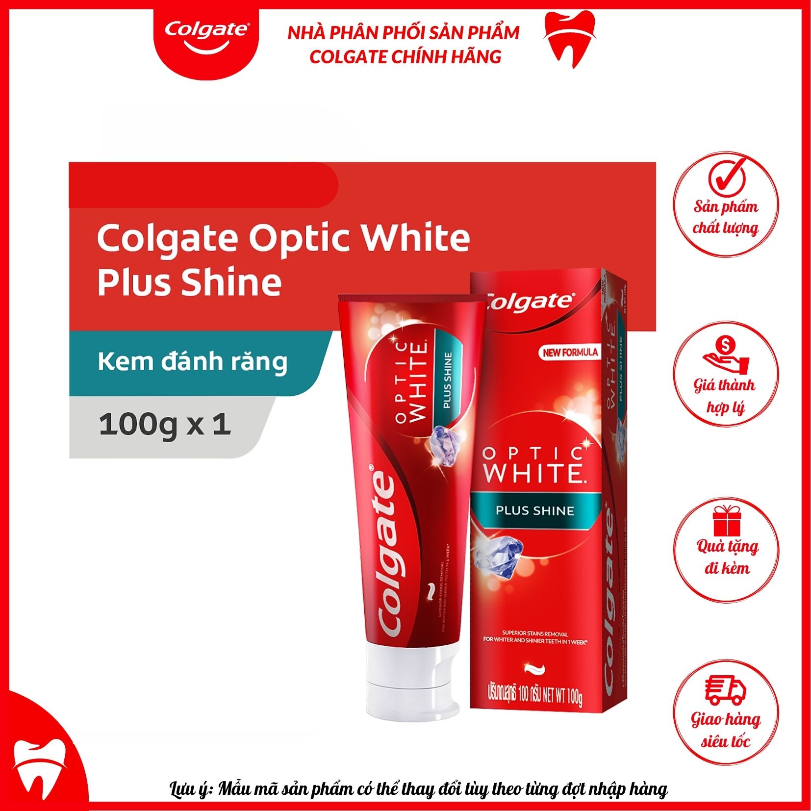 Kem đánh răng Colgate Optic White Plus Shine làm trắng sáng răng 100g