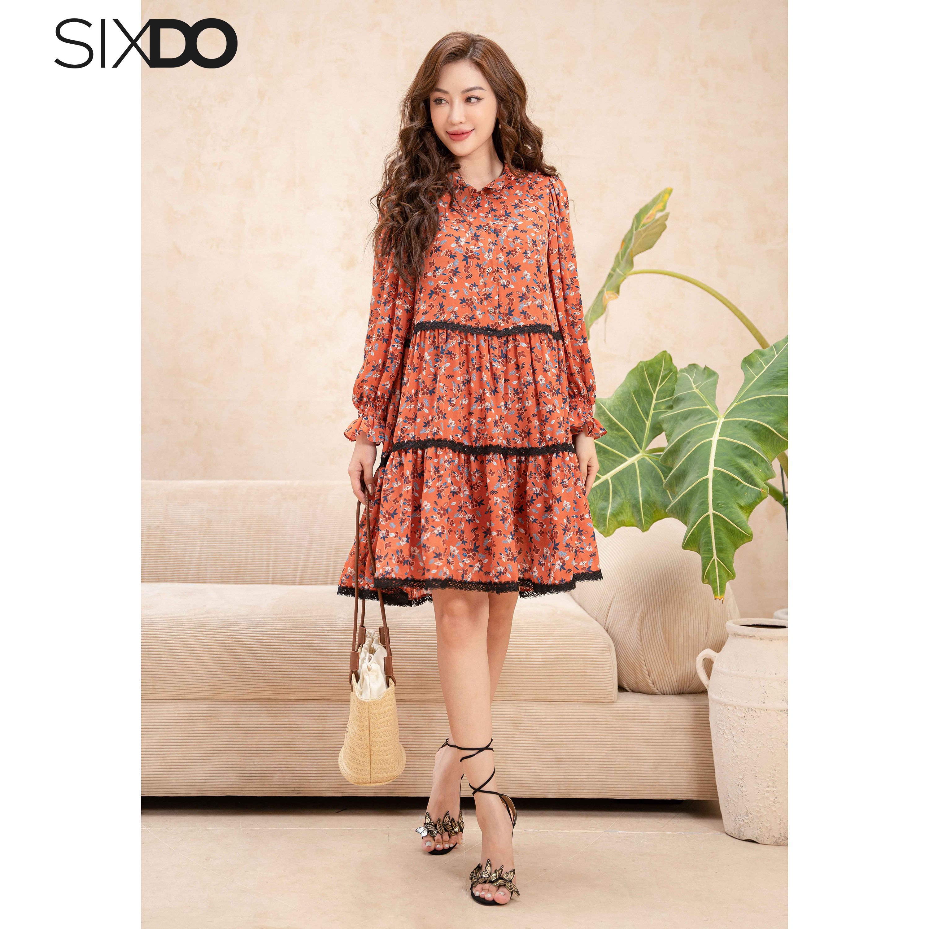 Đầm hoa babydoll dài tay SIXDO (Floral Midi Woven Dress)