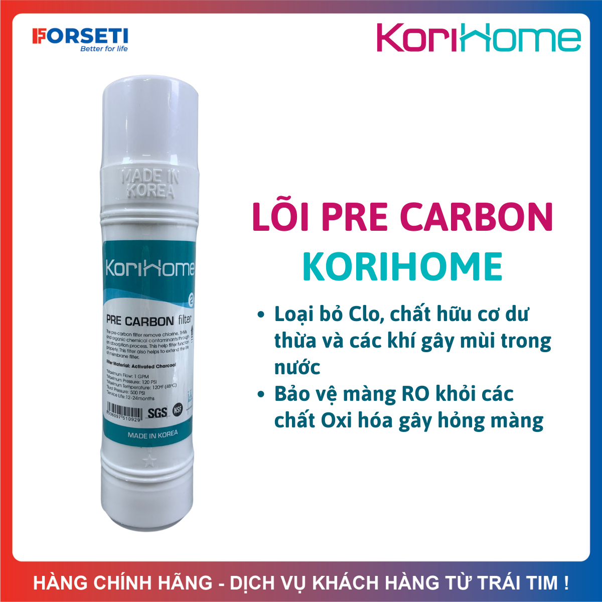 Combo 3 Lõi Lọc Korihome Gồm 1 Sediment + 1 Pre Carbon + 1 Post Carbon Dạng Đúc Cắm Nhanh Dòng Nhập Khẩu Hàn Quốc Cao Cấp