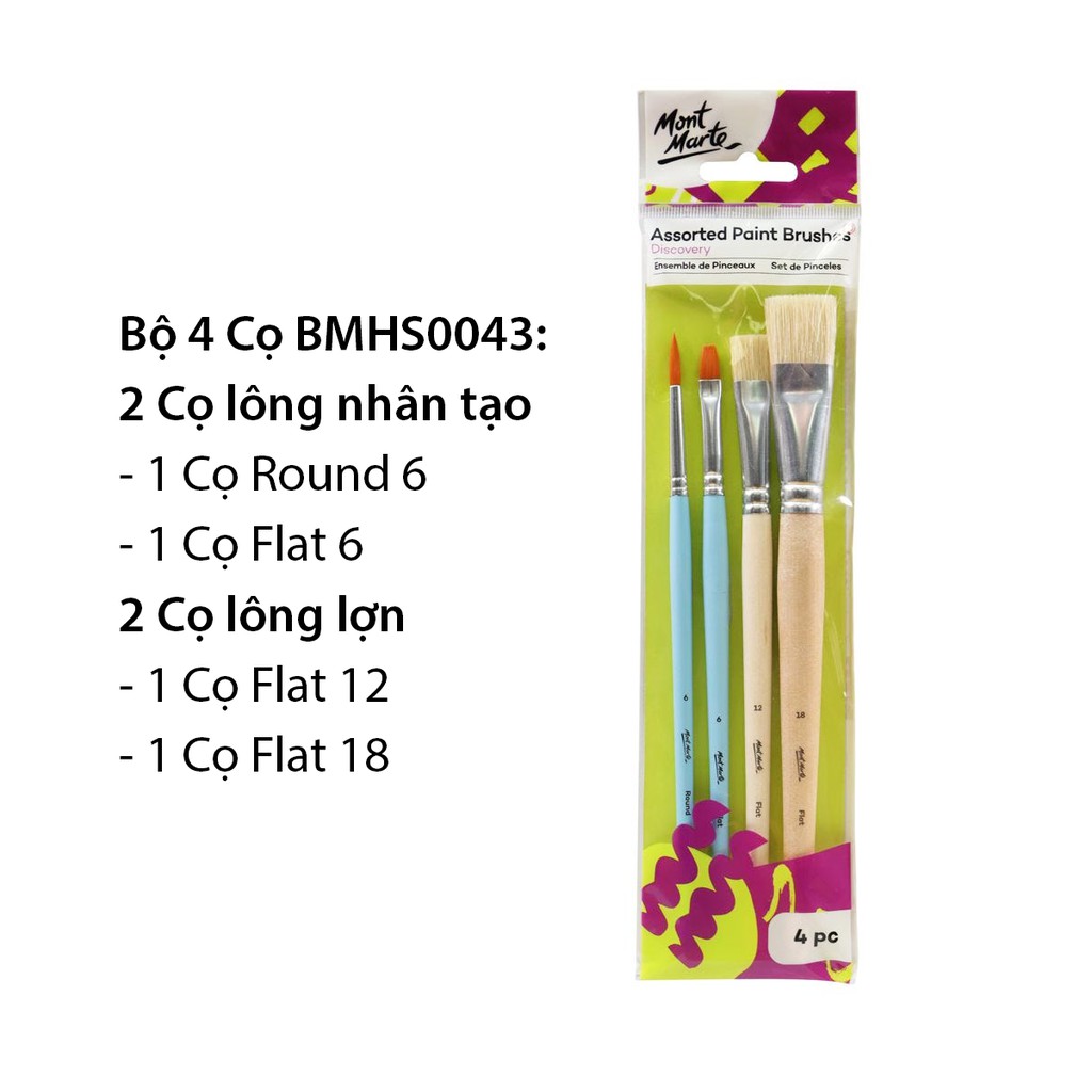 [Giao Hỏa Tốc] Bộ 4 Cọ Vẽ Mont Marte Cơ Bản - Assorted Paint Brushes Discovery 4pc - BMHS0043