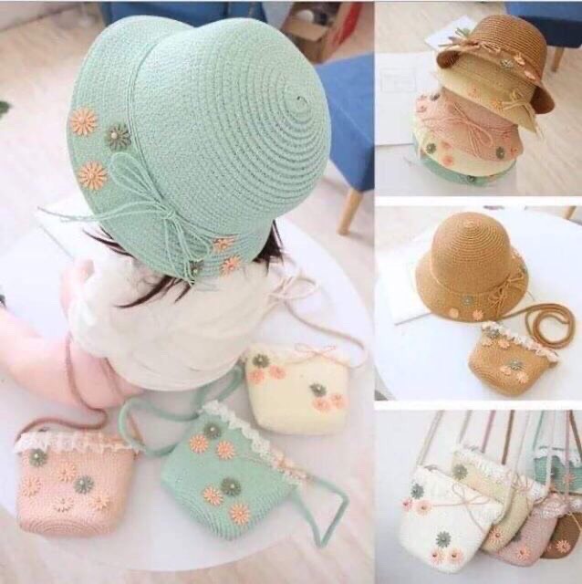 Set mũ cói kèm túi cho bé đi biển chống nắng siêu yêu