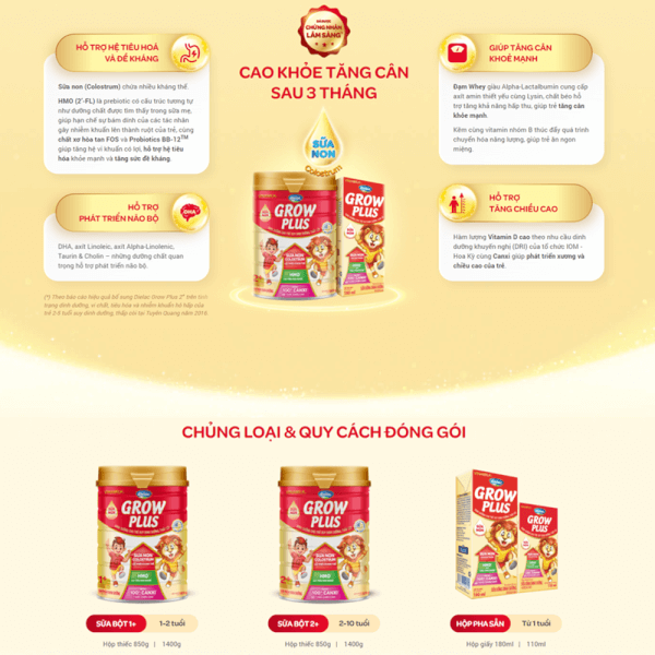 Sữa Dielac Grow Plus 1+, 1-2 tuổi, (sữa non ) 850g