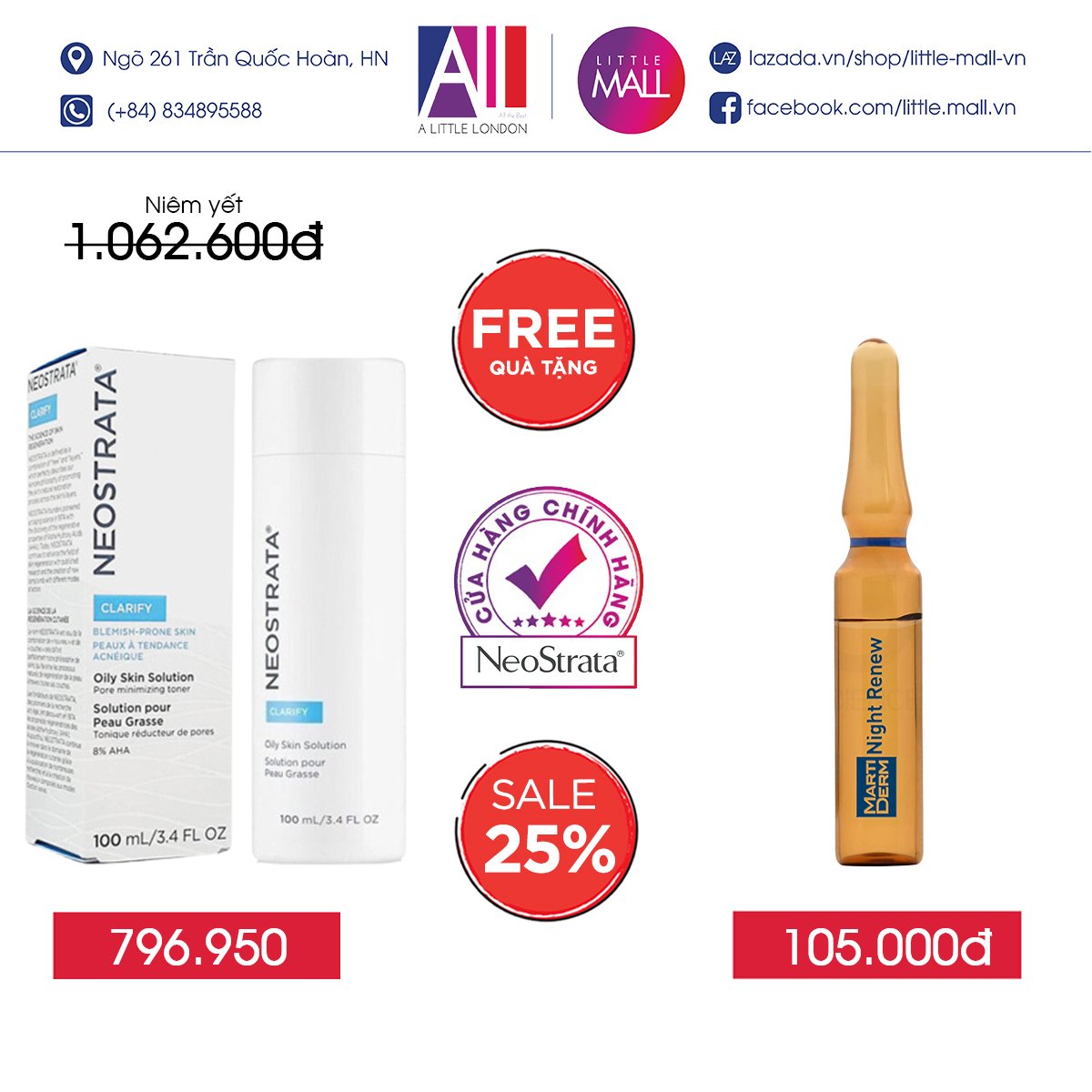 Dung dịch 8% AHA NeoStrata oily skin solution clarify 8% aha TẶNG Ampoule chống lão hóa Martiderm (Nhập khẩu)