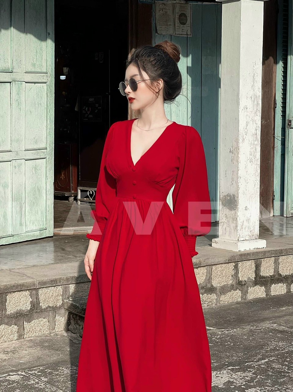 đầm maxi nút bọc có mút , cổ v dáng xòe sang trọng