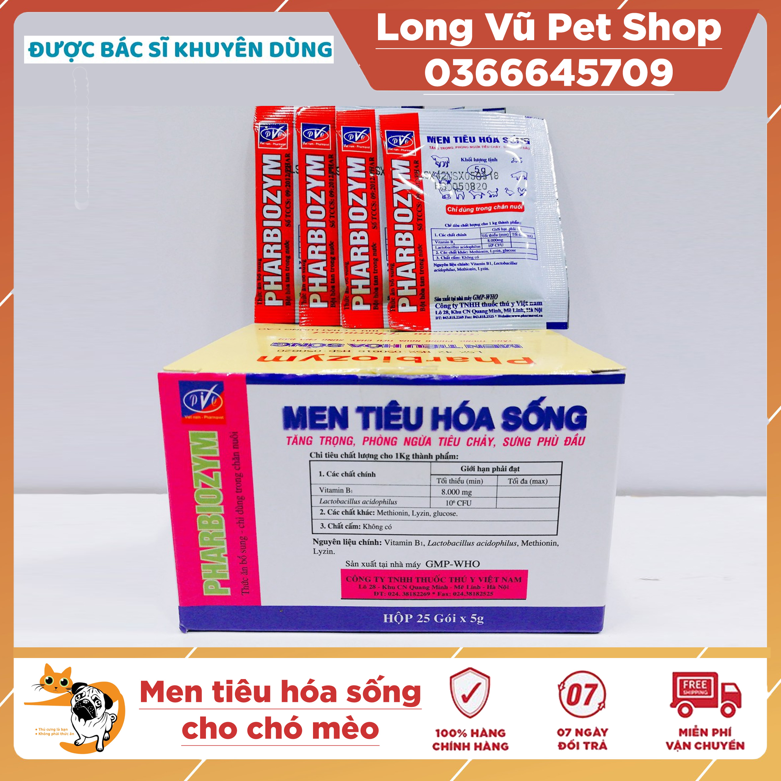 Hộp 25 gói Men hỗ trợ tiêu hóa Pharbiozym 5g cho chó mèo, phòng ngừa tiêu chảy