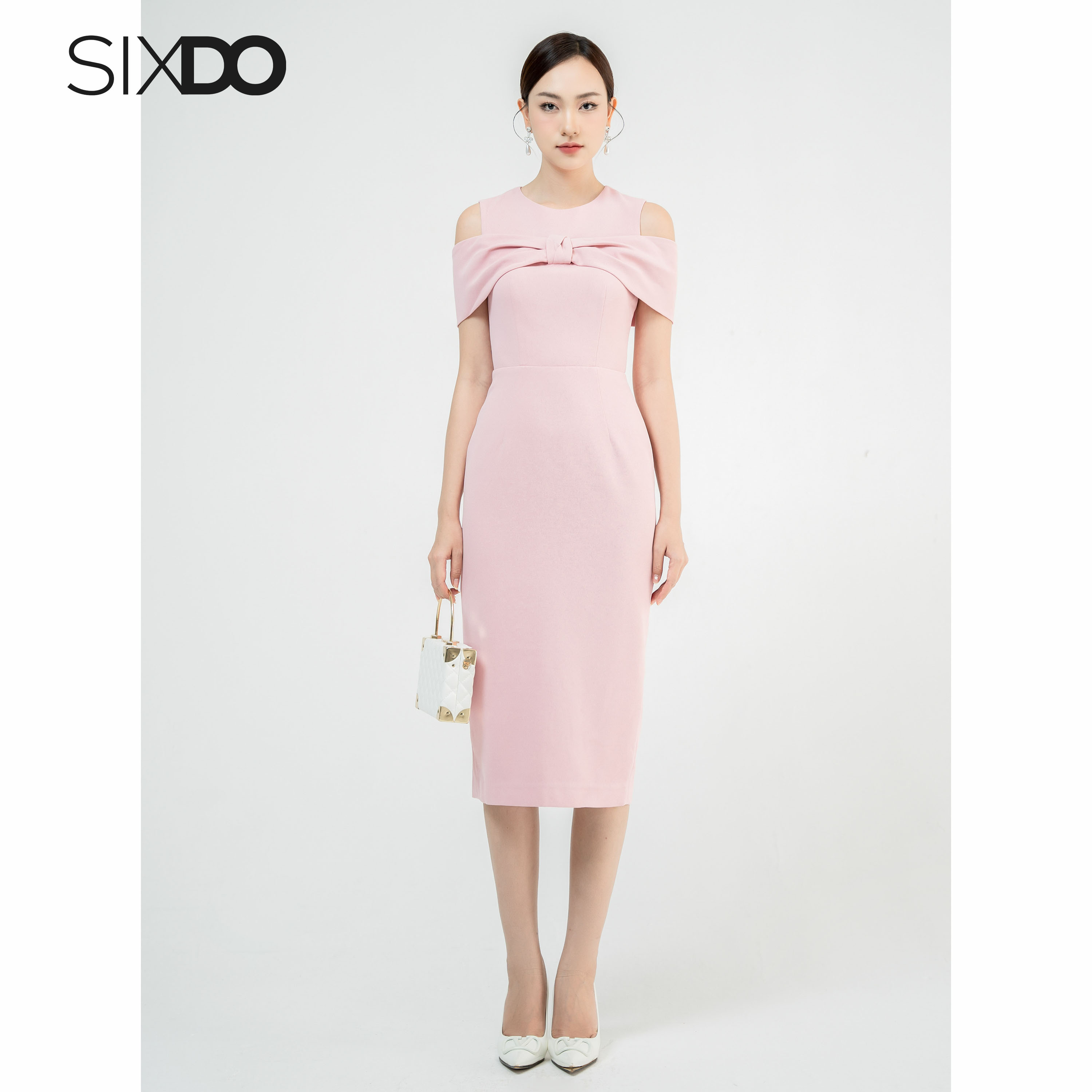 Đầm hồng cổ tròn hở vai SIXDO (Pink Cape Midi Woven Dress)