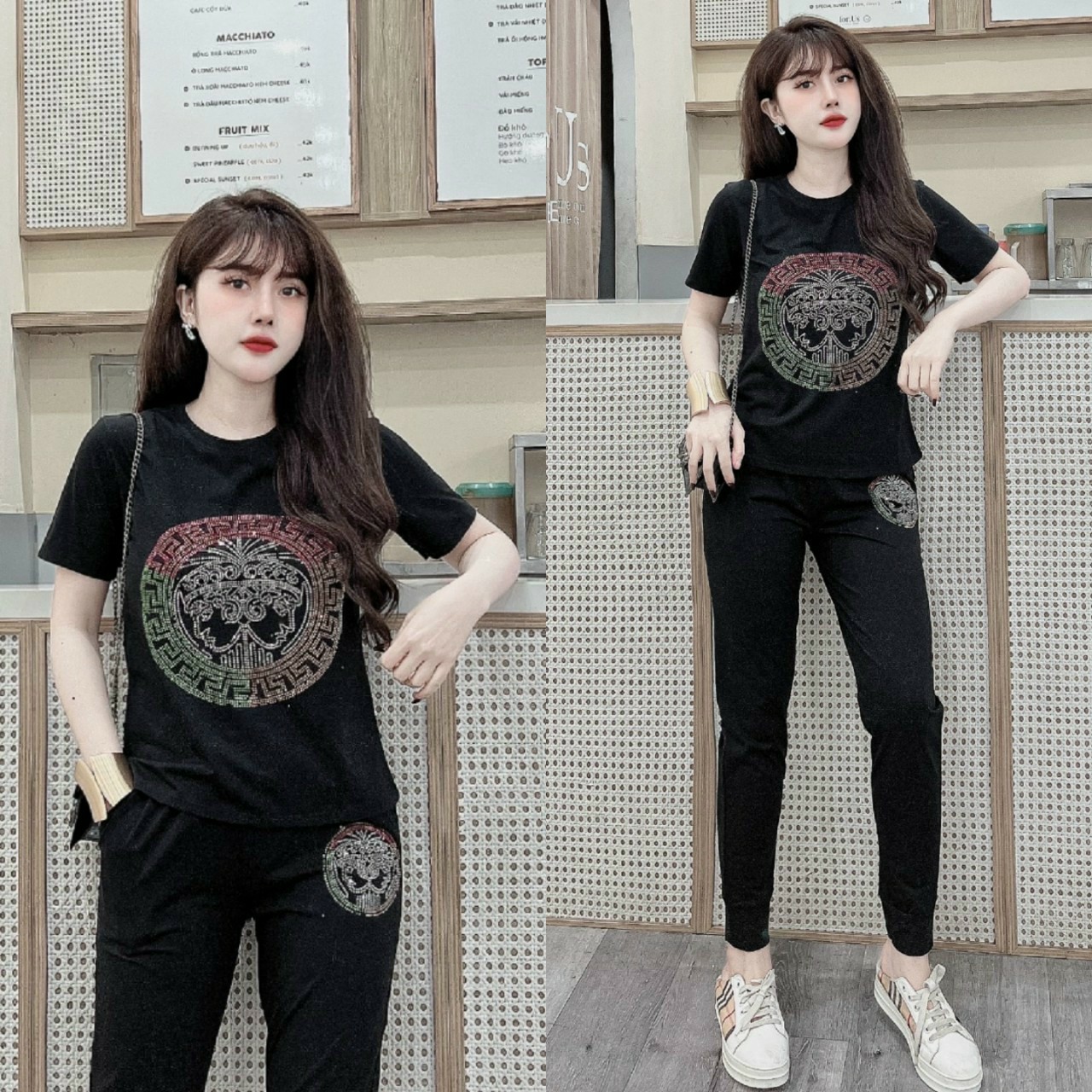 Đồ bộ thun cotton đính đá họa tiết (3 màu: đen, đỏ, cam)