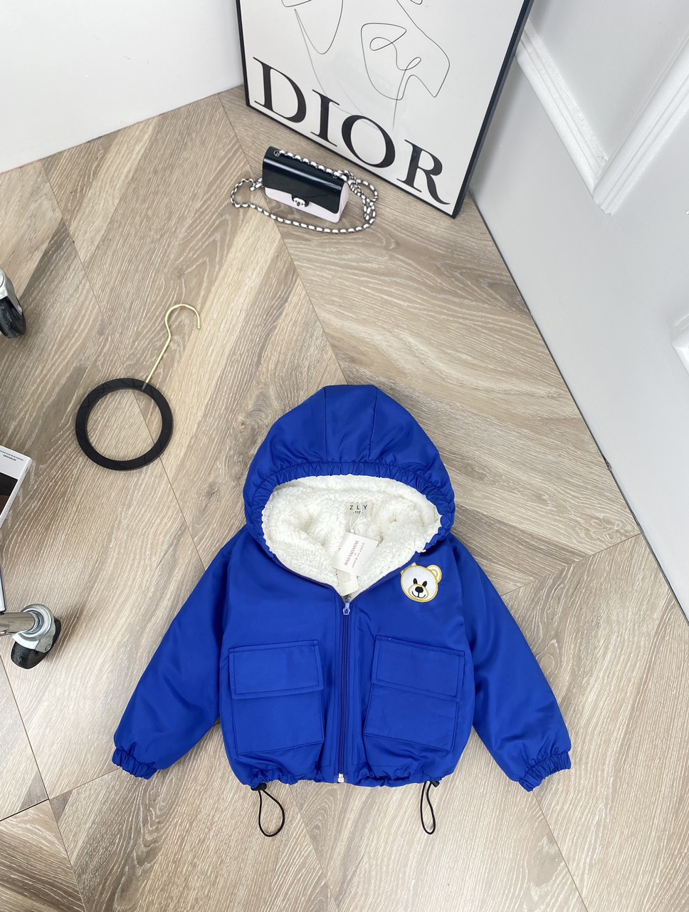 Áo khoác basic thêu Gấu lót lông cho bé từ 9-28kg