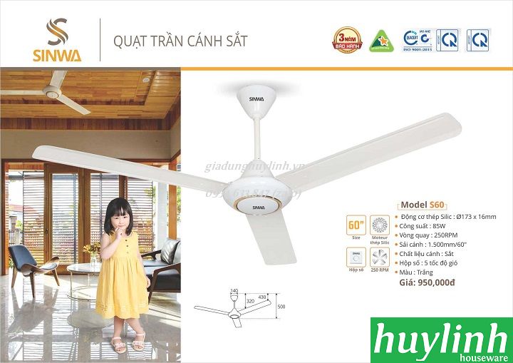 [HCM]Quạt trần cánh sắt Sinwa S60 - 3 cánh
