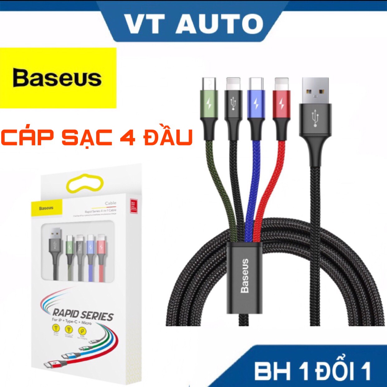 Dây sạc 4 đầu Baseus 3.5a lightning micro usb type c - Cáp sạc đa năng 4 in 1 bọc dù chống gập đứt cho iphone samsung oppo..vv - VT auto