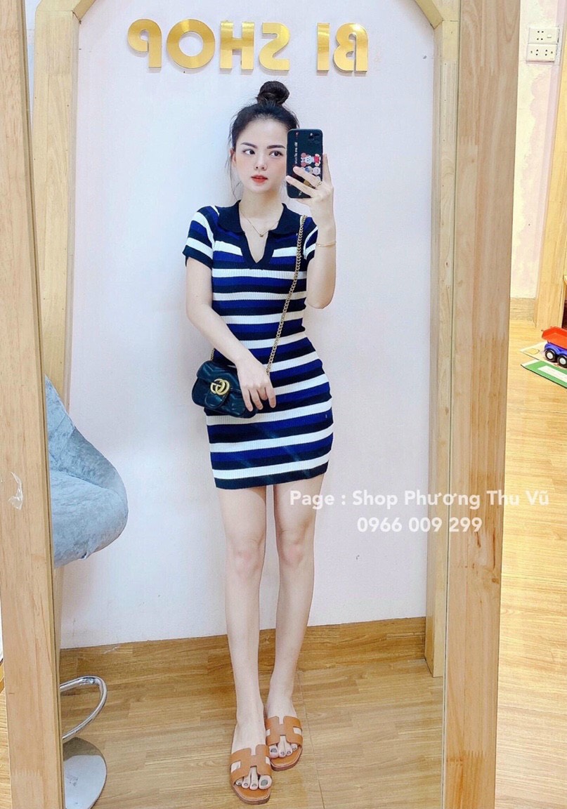 Váy len polo body kẻ ngang