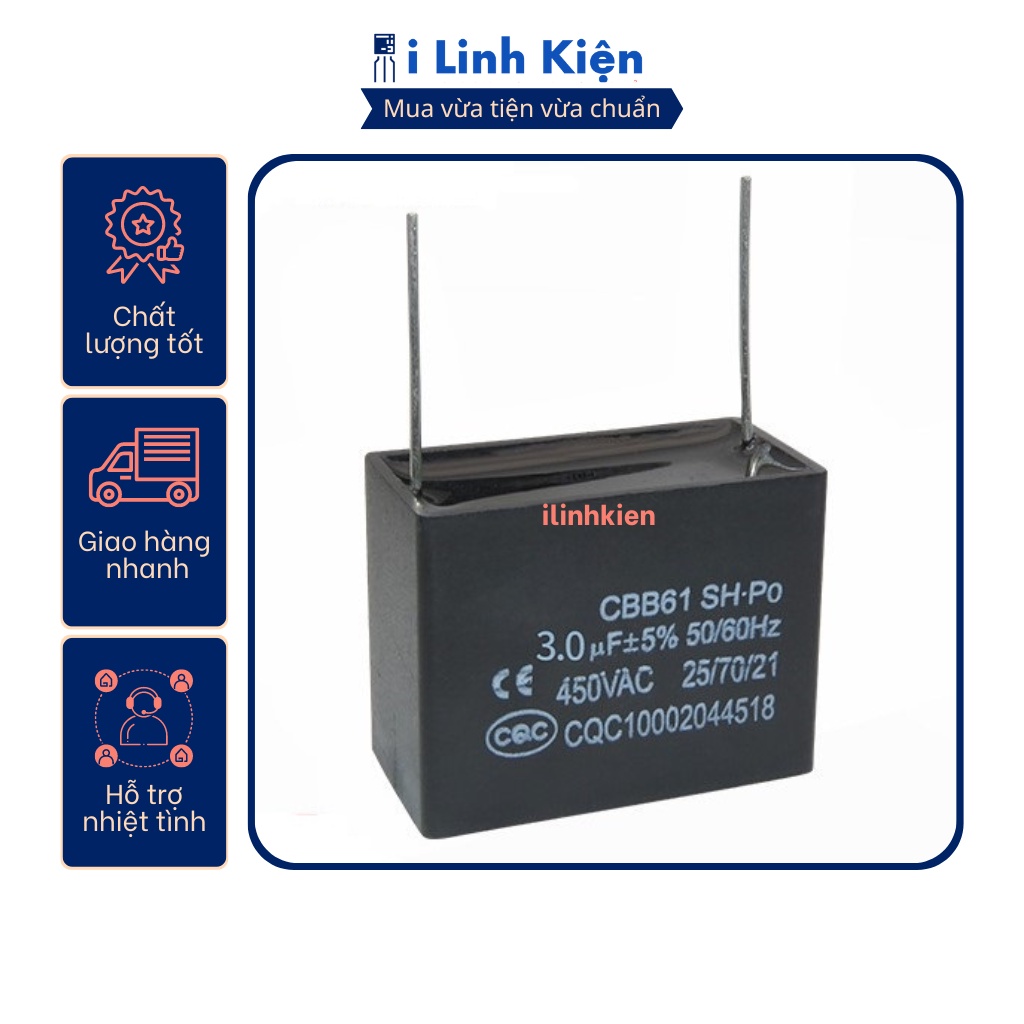 Tụ quạt 3uf 450vac chân hàn mạch pcb cbb61