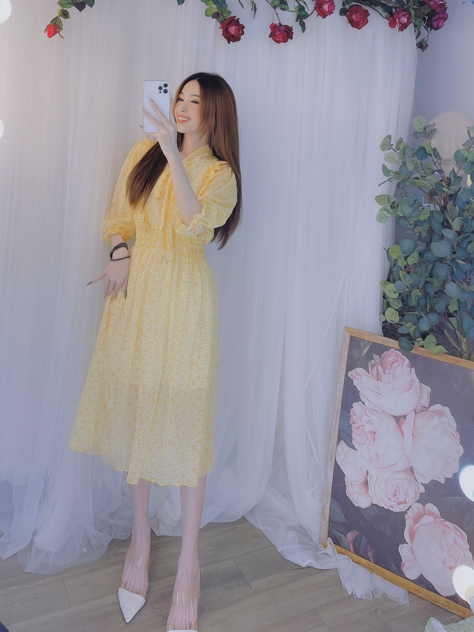 Đầm hoa viền bèo cột nơ siêu xinh - hình thật