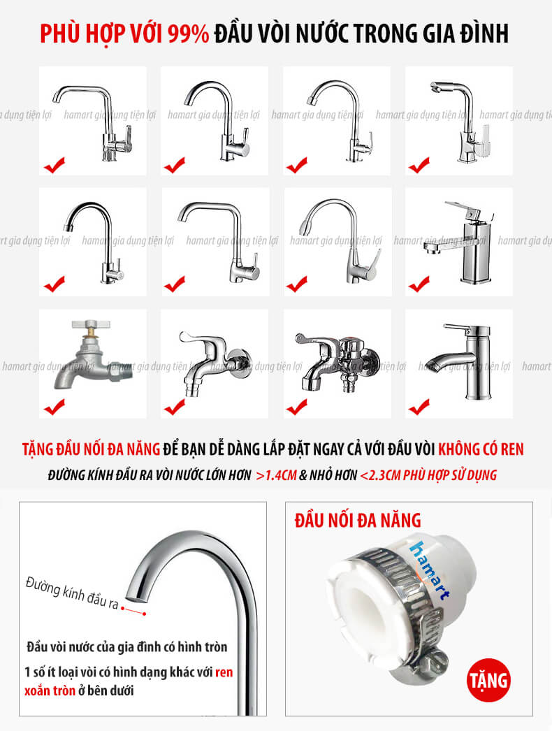Đầu Nối Vòi Nước Tăng Áp Lọc Nước Bồn Rửa Chén Lavabo Xoay 360° Kèm Lõi Bông Lọc Sạch Nước Hiệuu Quả
