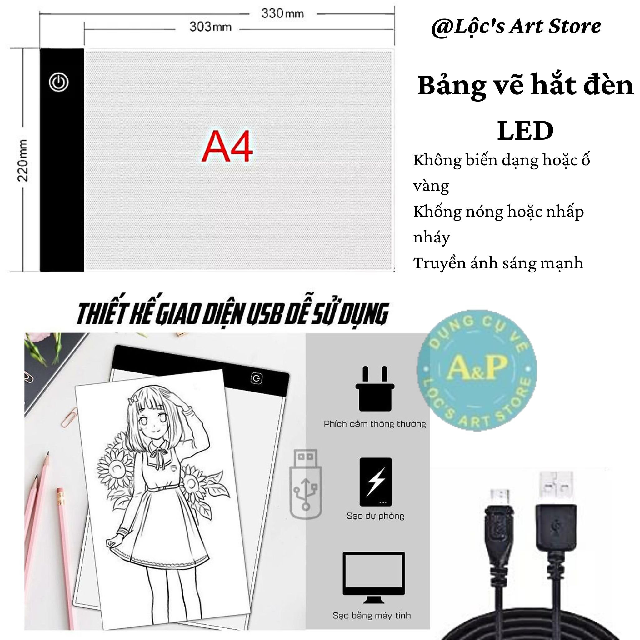 Bảng Hắt Sáng A4 Đèn Led 3 Mức Độ Sáng (Kèm Dây Sạc)