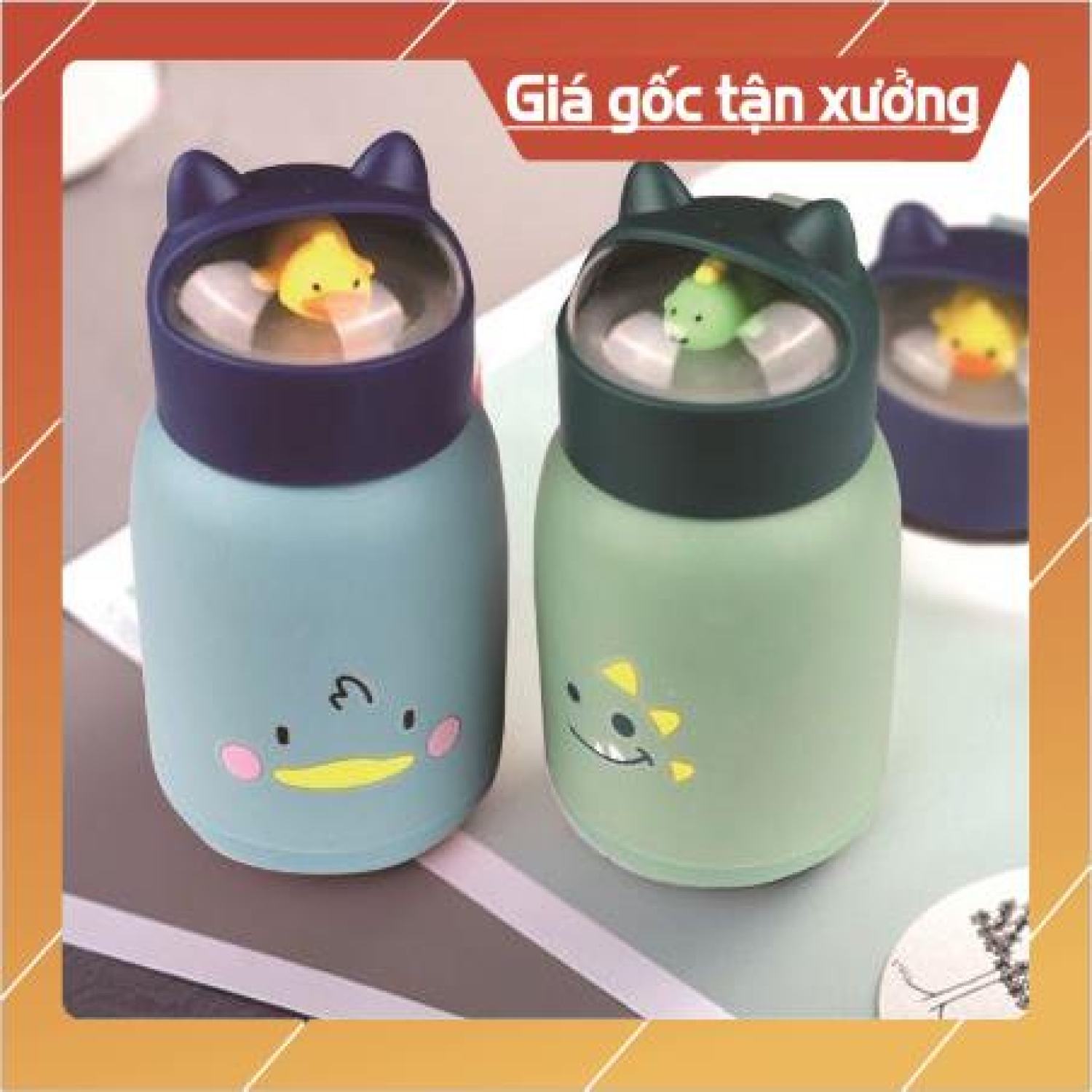 Bình nước giữ nhiệt tai mèo 360ml nắp thú dễ thương lõi thủy tinh bọc nhựa cách nhiệt