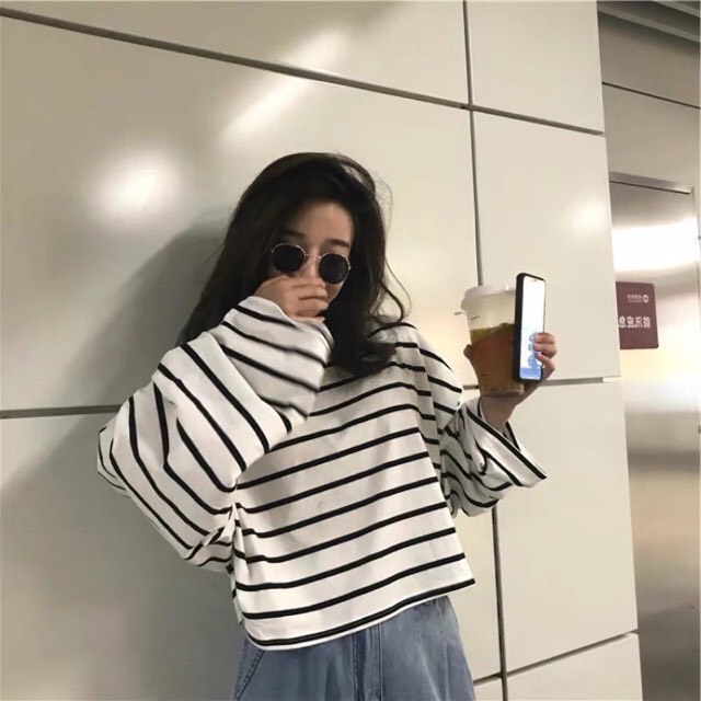Áo thun sọc croptop form rộng tay rộng đáng yêu TTSLA0026