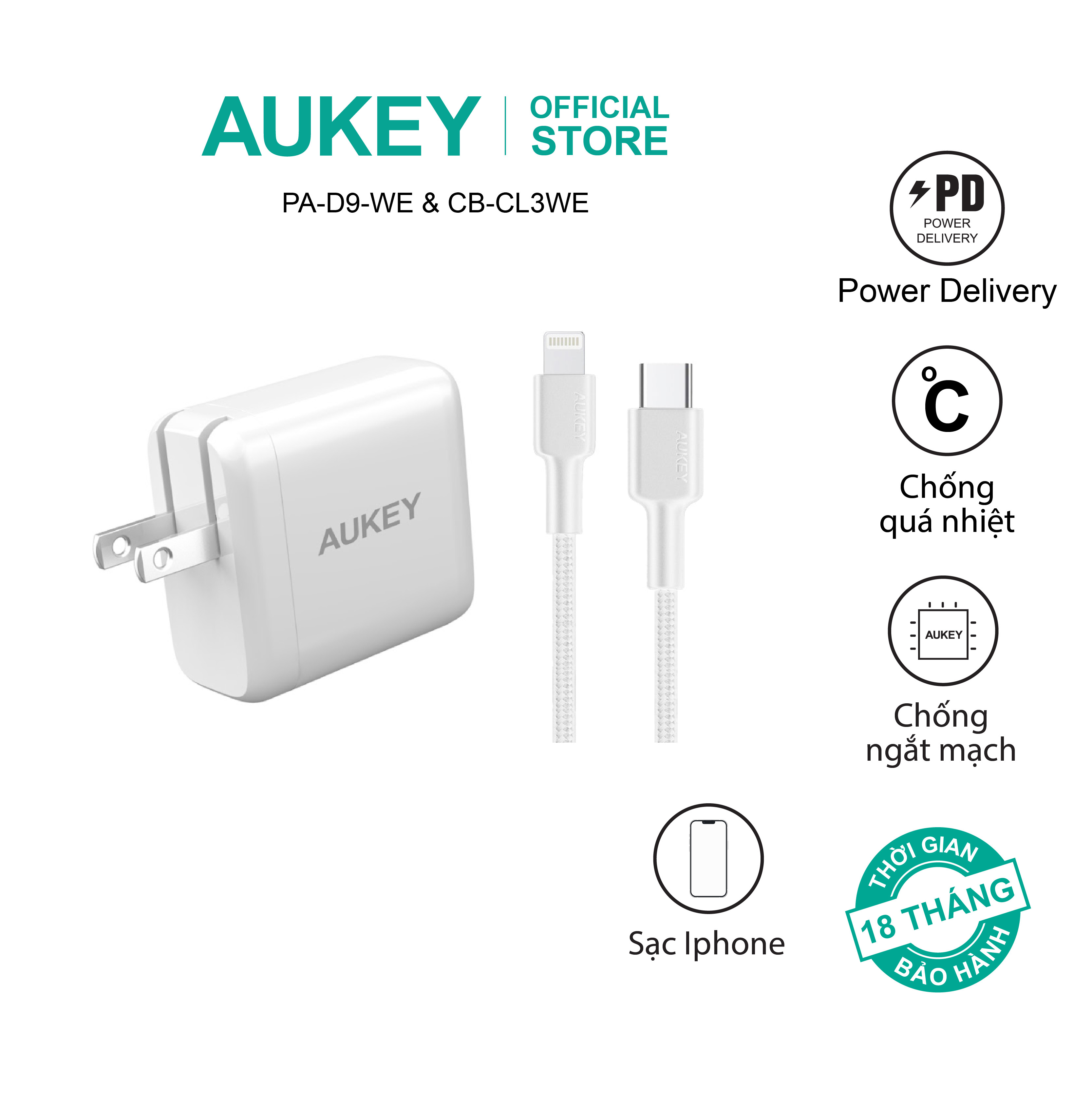 Combo bộ sạc Aukey cho Iphone củ sạc PA-D9 và cáp sạc CB-CL3