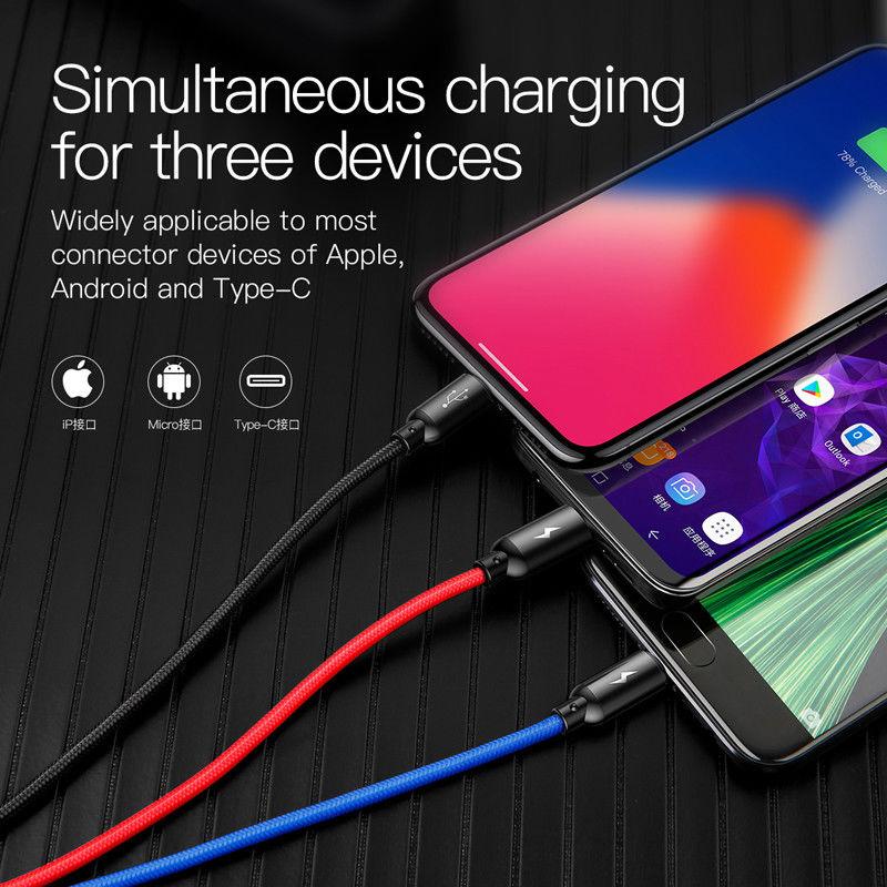 Cáp đa năng Baseus 3 trong 1 cho iPhone, Type C, Micro USB 30cm gọn nhẹ đem đi du lịch