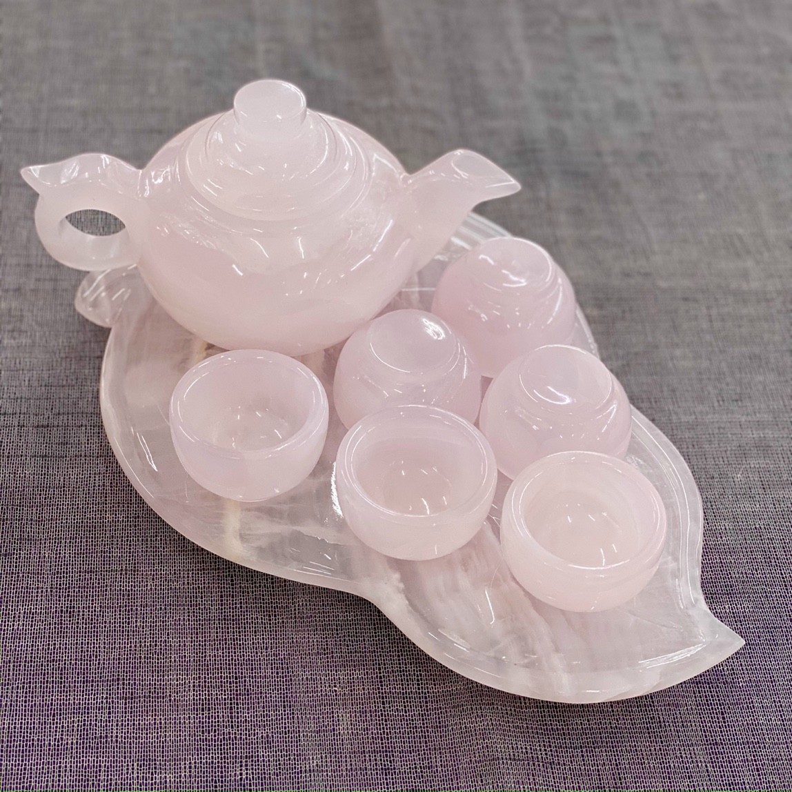 Bộ Ấm Trà Đá Ngọc Hoàng Long , Đá Onyx Xanh - (Gồm 1 Ấm + 6 Chén + Đĩa Lá)