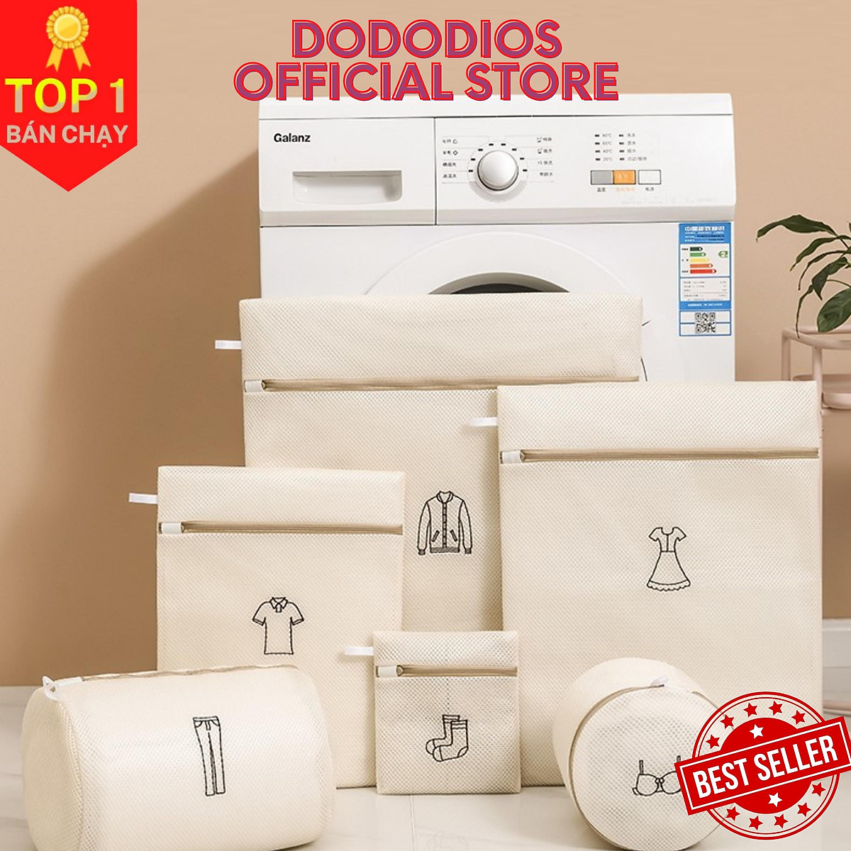 Combo 6 túi giặt 3 lớp bảo vệ quần áo, đồ lót dùng cho máy giặt chính hãng Dododios, túi giặt, bóng giặt