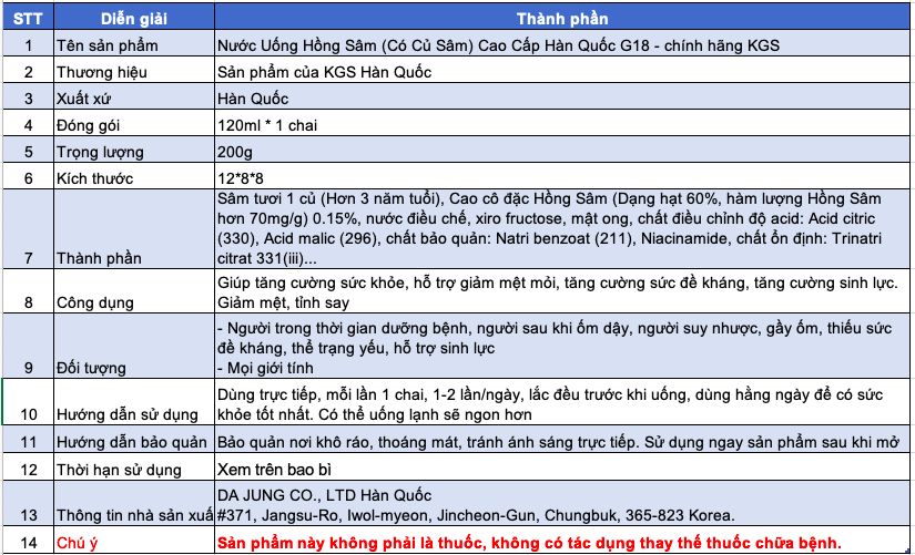 Chai Nước Uống Hồng Sâm ( Có Củ Sâm ) Cao Cấp Hàn Quốc G18 - chính hãng KGS