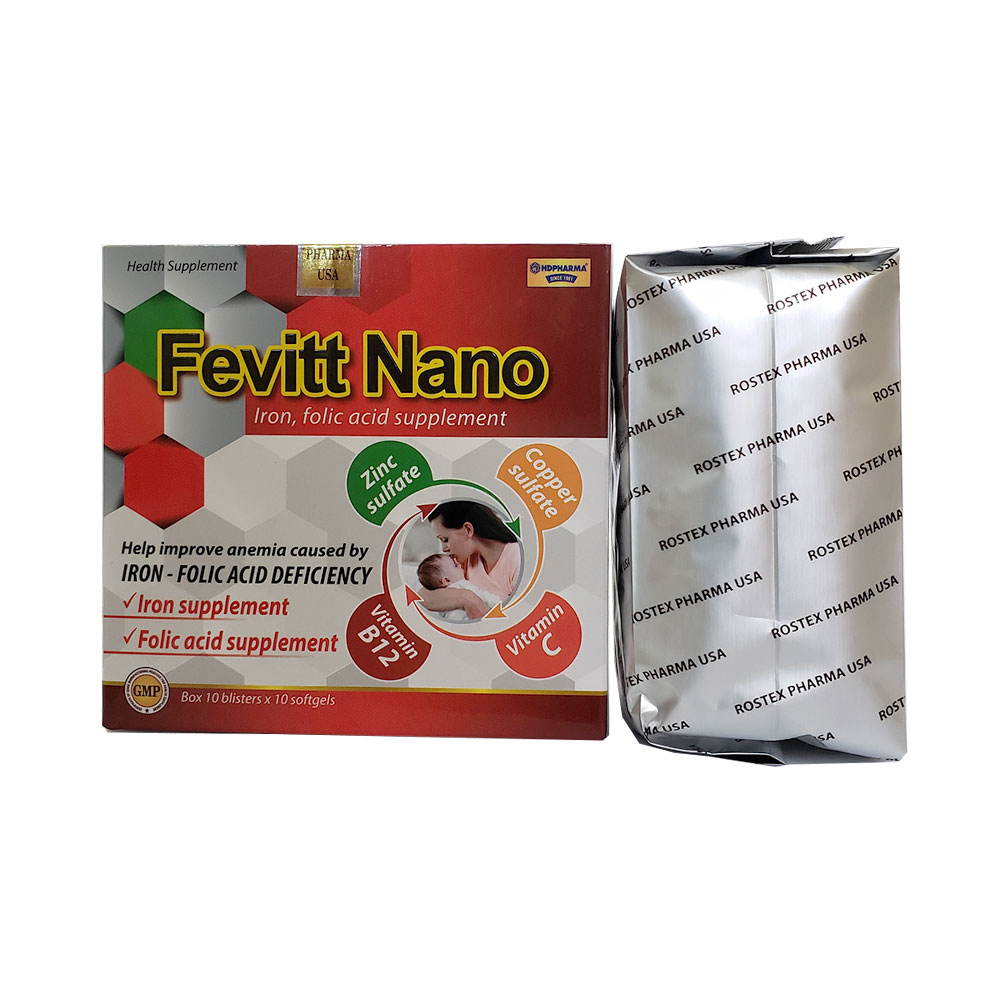 [HCM]Viên uống Fevitt Nano bổ sung Sắt acid folic Vitamin B12 cải thiện tình trạng thiếu máu Hộp 100 viên