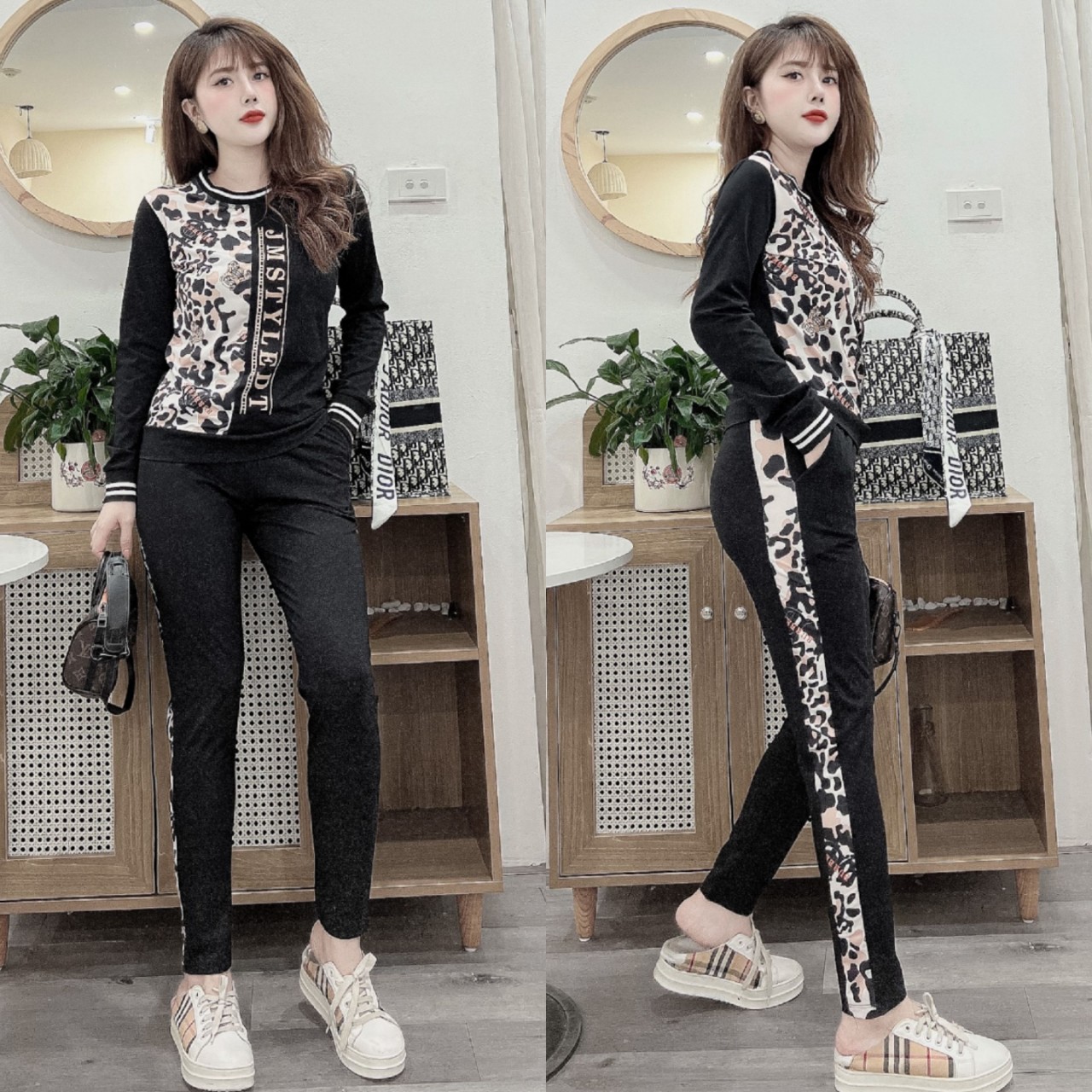 Đồ bộ thun cotton tay dài phối da beo