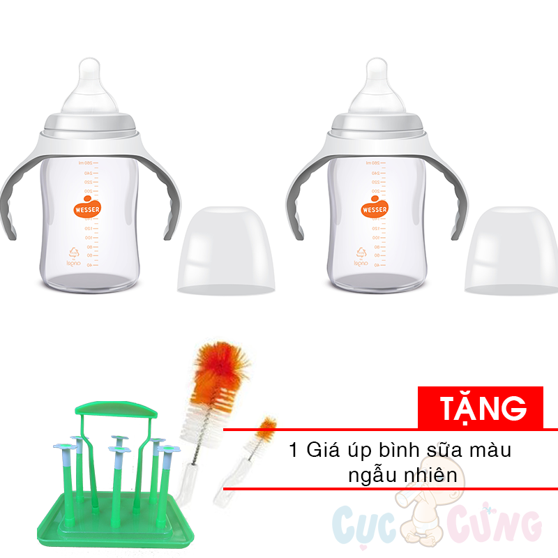Bộ 2 Bình sữa Wesser cổ rộng 260ml + cọ rửa bình sữa Tặng 1 giá úp bình sữa