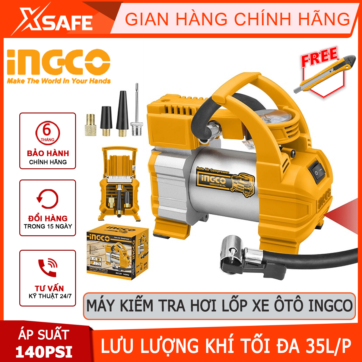 Machine test car tires ingco AAC1408 | inflatable machine tire attached LED lights, power cord 3 meters, battery clamp nozzle spray paint, blow away dirt, shoot nails, firing pins [xsafe] [XTools]