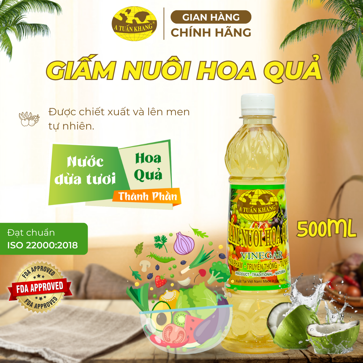 Giấm Nuôi Hoa Quả Lên Men Tự Nhiên 500ml – Gia Vị Trộn Salad Tươi Mát và Lành Mạnh | A TUẤN KHANG