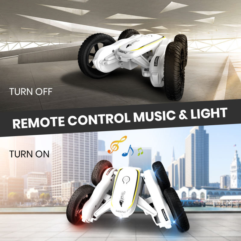DEERC Mô hình xe ô tô 4WD điều khiển từ xa có thể điều chỉnh chế độ âm nhạc đèn LED xe xoay lật 2 mặt 360 độ dành cho bé