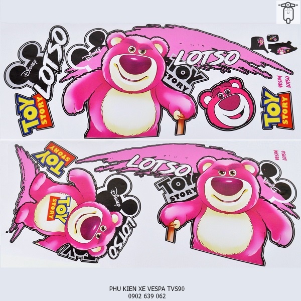 Bộ decal gấu lotso dâu hồng cho các dòng xe vespa