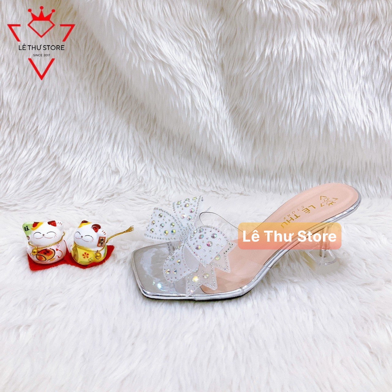 Guốc dép nữ 7 phân quai trong kết nơ đá gót ly trong LT