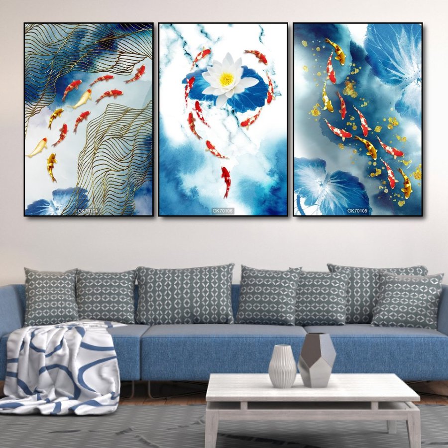LaLaShop - Bộ 3 tấm tranh treo tường phòng khách tranh hoa sen phật treo tường có khung gỗ set 3 tấm tranh treo tường treo phòng thờ decor phòng khách tranh 3d hiện đại