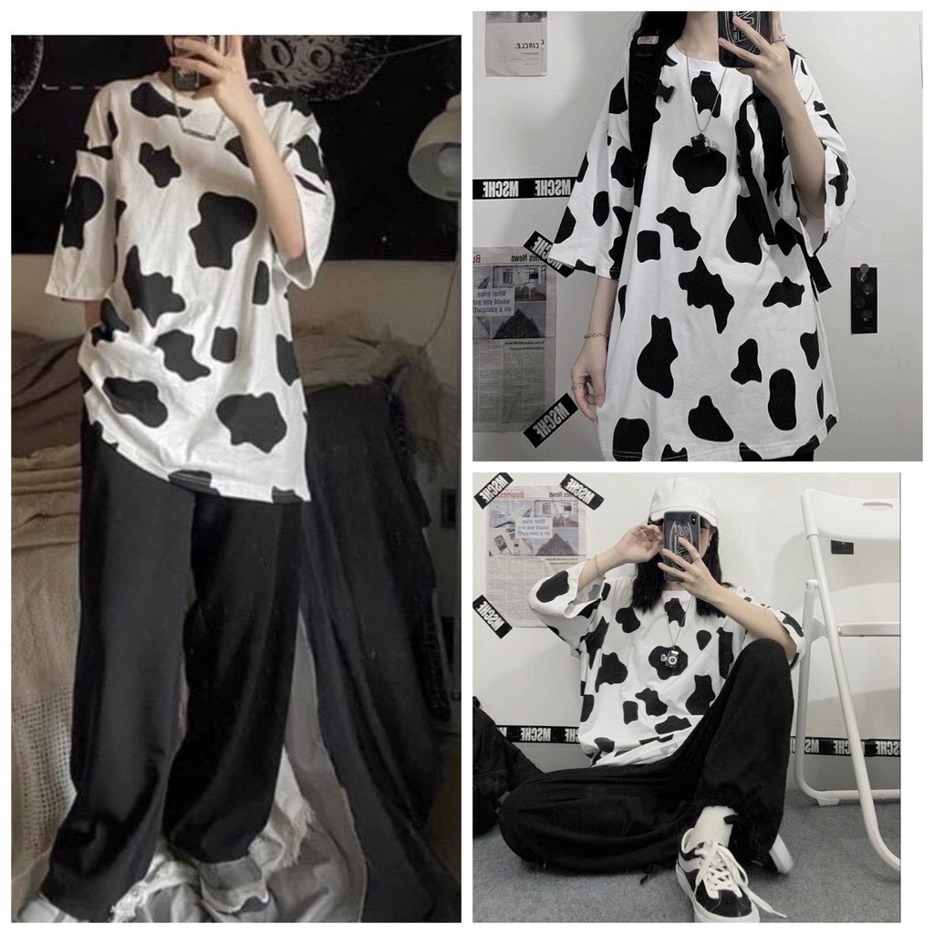 Áo phông loang bò sữa fom dáng rộng nam nữ đôi nhóm mặc đẹp