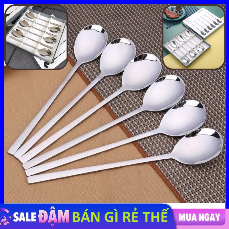 Hộp 6 thìa inox cán dài 21cm cao cấp sang trọng / muỗng ăn cơm , thìa cà phê , thìa ăn cháo , thìa inox