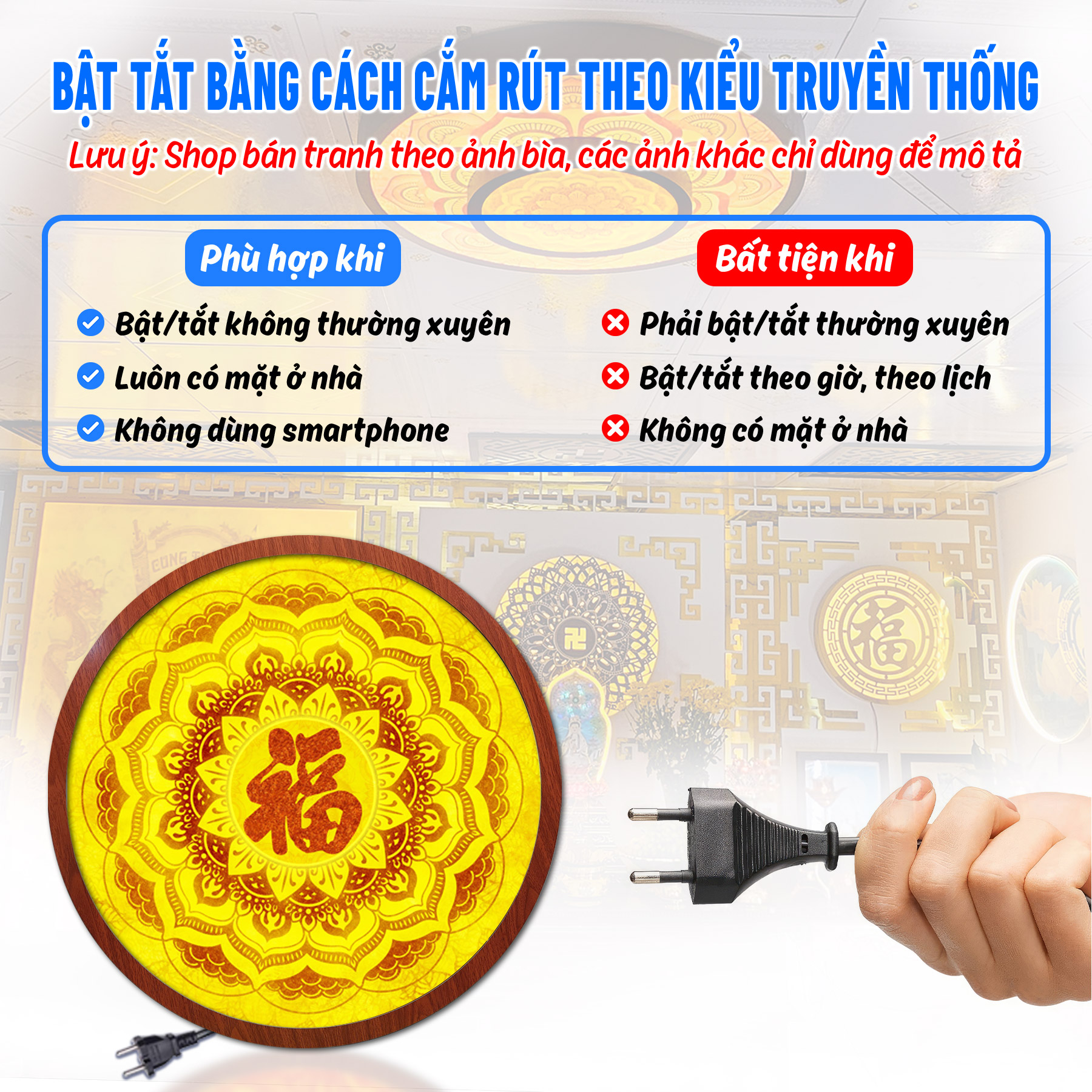 Đèn thờ hào quang phật tranh trúc chỉ chân thiện mỹ, trang trí bàn thờ, hào quang trúc chỉ mandala chữ phúc hán tc-hq-86