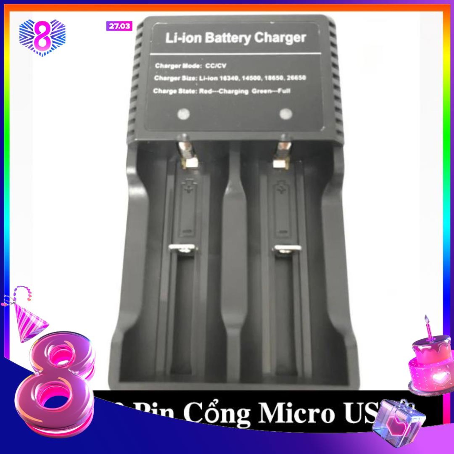 Sạc 2 Pin Li-ion micro usb – Sạc 2 pin 18650 (26650, 18350, 18500, 16340,14500)
