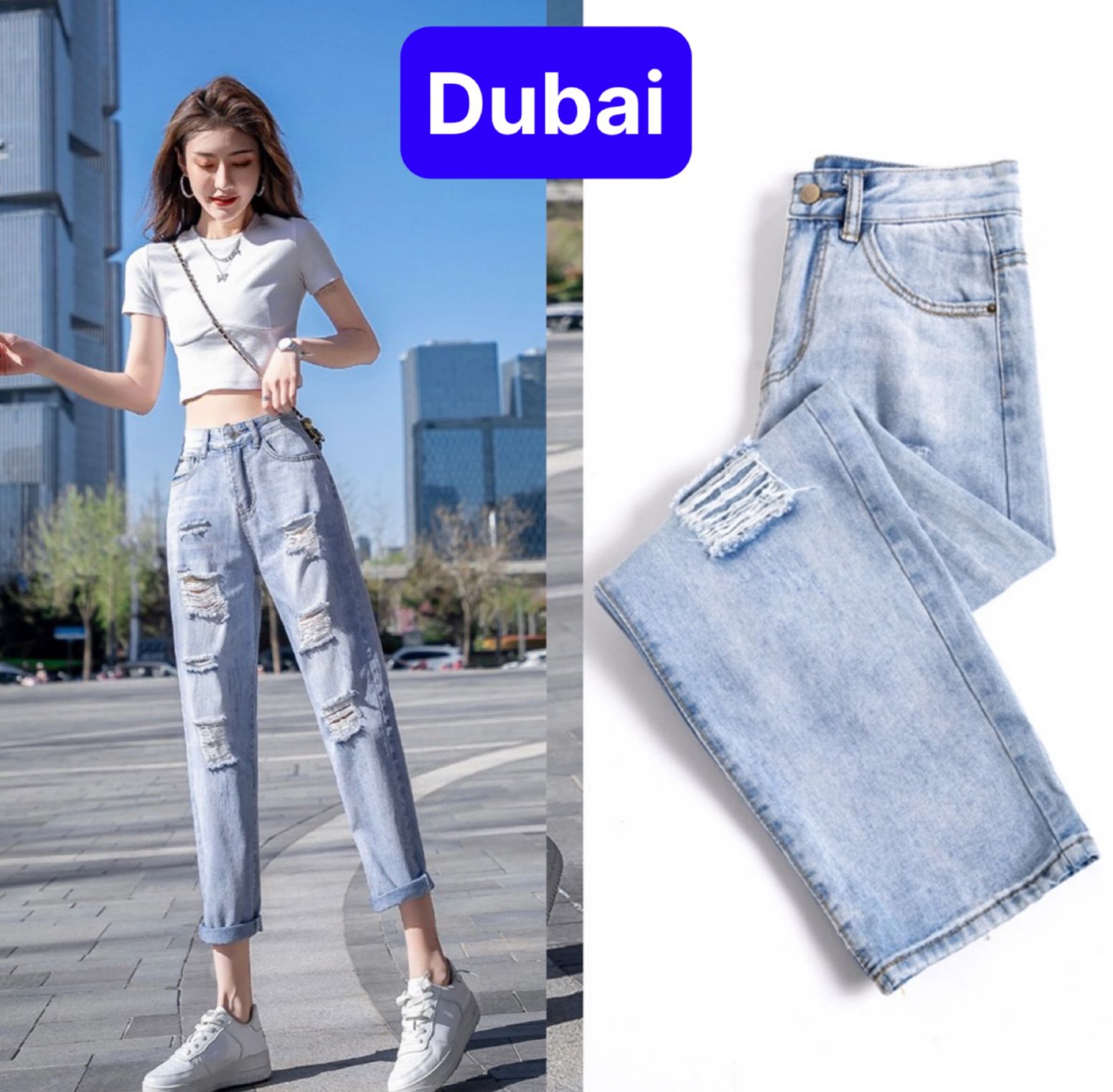 QUẦN JEAN BAGGY NỮ CHẤT BÒ XANH XANH RÁCH KIỂU LƯNG CAO NÂNG MÔNG NEW TREND 2022 DB-3081 - DUBAI FASHION