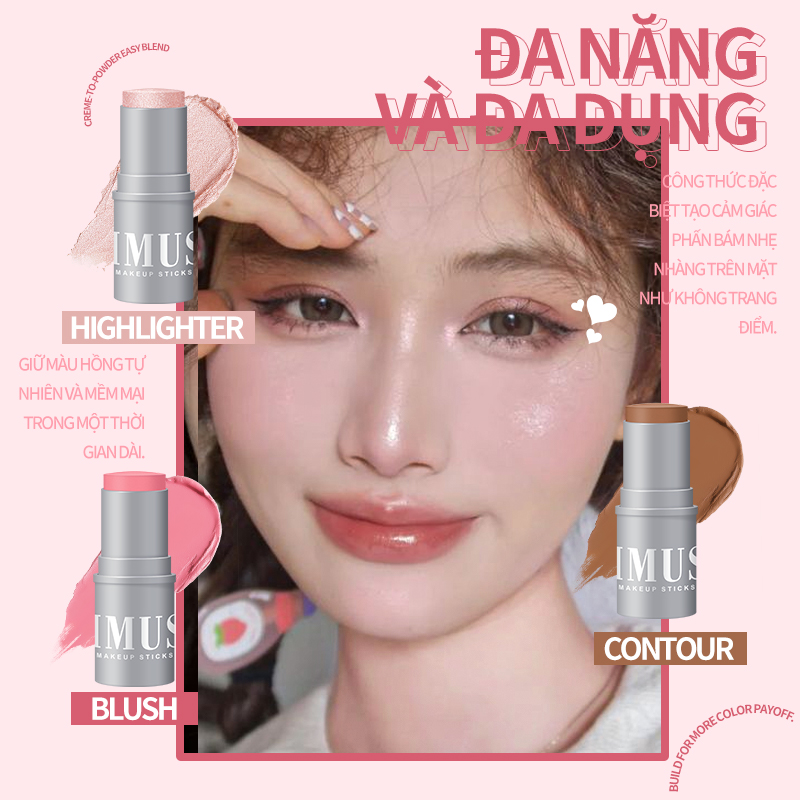 KIMUSE Makeup Sticks Monochromatic Multi-use Blush & Highlight & Contour Stick Waterproof Non-greasy Face Makeup 6 Colors