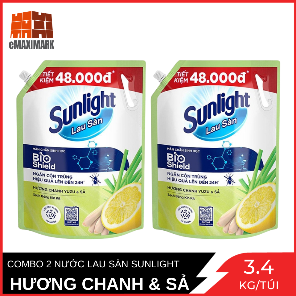 [HCM ship 2h] Combo 2 Nước Lau Sàn Sunlight Thiên Nhiên Chiết Xuất Chanh Zuzu & Sả Túi 3.4KG