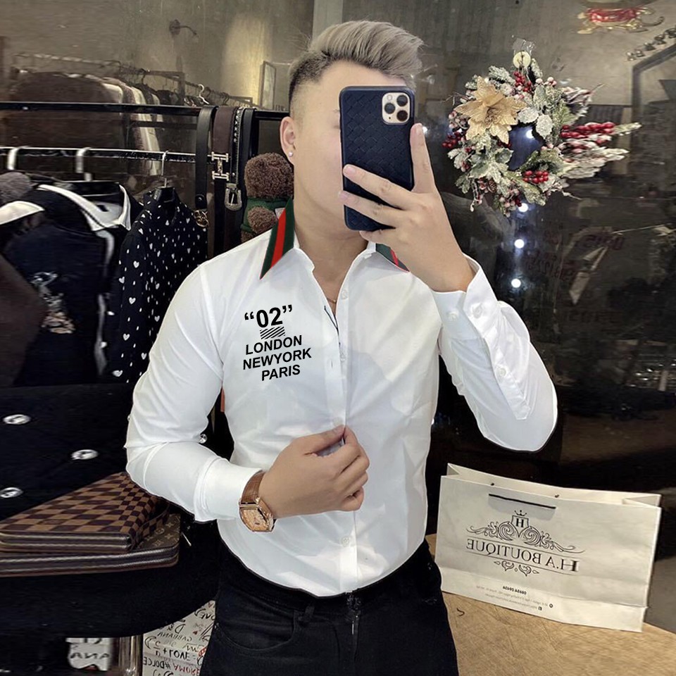 Áo sơ mi nam viền cổ guci in chữ ny new york london cực phong cách sm98