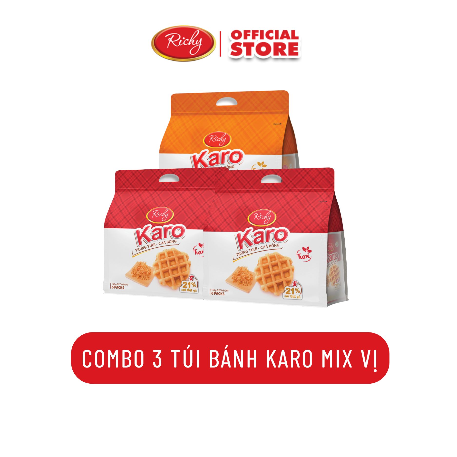 Combo 3 bịch bánh Karo trứng tươi - chà bông , bánh kẹo Richy - date 45 ngày từ NSX, KH cân nhắc khi mua SL lớn