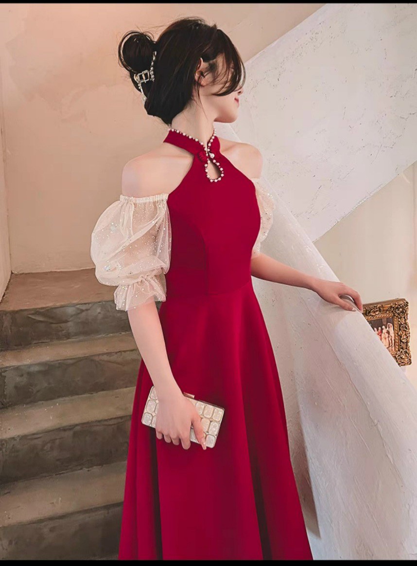 [Mới] Đầm Cổ Yếm Tay Phối Kim Sa Đính Cườm